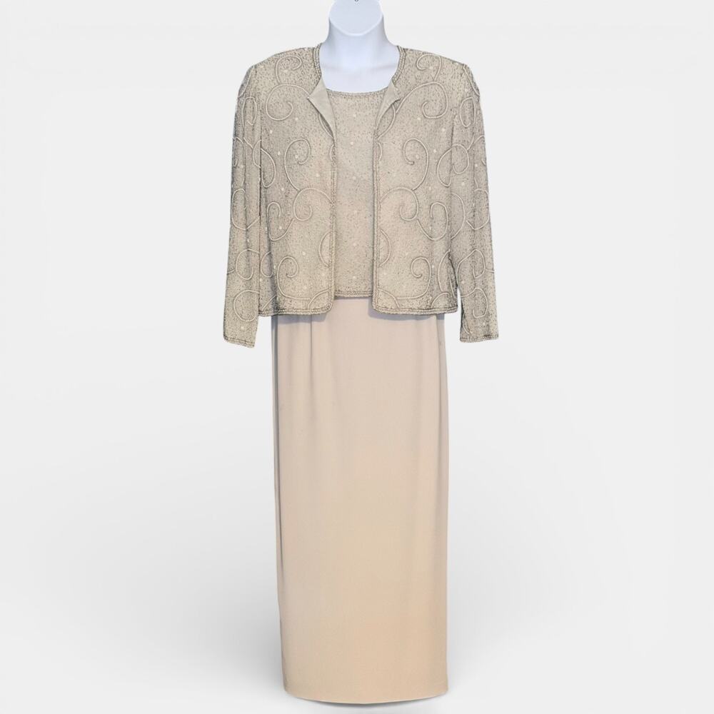 Adrianna Papell Silk Beaded 3pc Skirt Set Champagne Gold Mother Bride 14P NWT